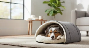 Dog resting comfortably in a semi-enclosed burrow-style pet cave bed.
