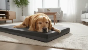Senior dog resting comfortably on a pink memory foam pet mat for joint relief.