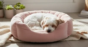 Small dog curled up in a soft blush pink donut pet bed for cozy sleep.