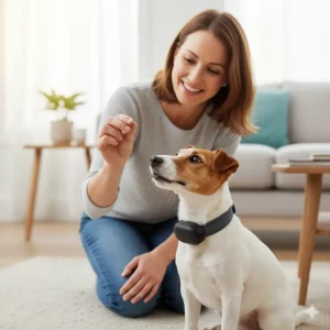 Pet owner training a dog with treats and a collar