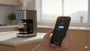 Close-up of a smart coffee makers being controlled through a smartphone app in a modern kitchen