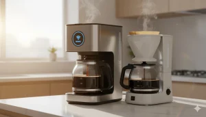 Side-by-side comparison of a smart coffee makers and a traditional coffee machine on a kitchen counter