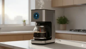 High-resolution smart coffee makers brewing coffee on a kitchen counter with natural morning light