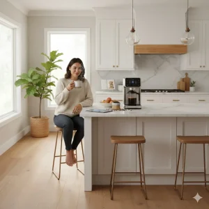 Person enjoying a cup of coffee brewed by a smart coffee makers in a bright modern kitchen