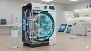 Smart washing machine connected with Alexa and smartphone apps in a 2025 modern smart home setup.