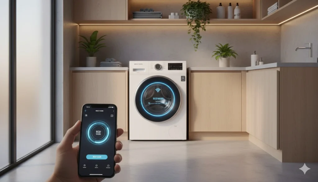 A modern smart washing machine connected to a smartphone via Wi-Fi in a stylish laundry room, representing 2025 innovation