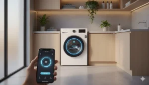 A modern smart washing machine connected to a smartphone via Wi-Fi in a stylish laundry room, representing 2025 innovation