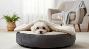 Dog lying in snuggle-design cave bed featuring a soft blanket cover.