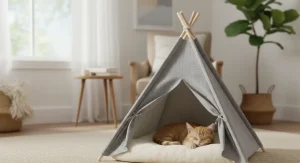 Tent-style pet cave bed with soft cushion for dogs to snuggle inside.