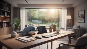 Cute toy sitting on an adult’s office desk.