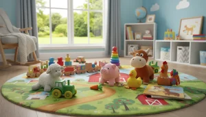 Assorted The Petting Zoo plush toys arranged in a cozy playroom.