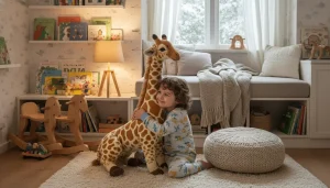 Child hugging a tall giraffe plush toy from The Petting Zoo.