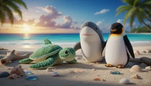 Collection of ocean creature toys including shark, turtle, and dolphin.