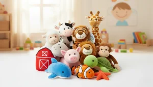 Assorted The Petting Zoo plush toys arranged in a cozy playroom.
