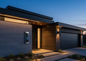 Front yard with Top Smart Home Gadgets including a smart doorbell, outdoor camera, and Wi-Fi lock.