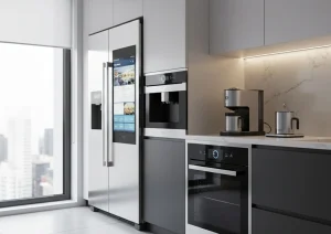 Smart kitchen with Top Smart Home Gadgets including a Wi-Fi coffee maker, smart oven, and touchscreen refrigerator