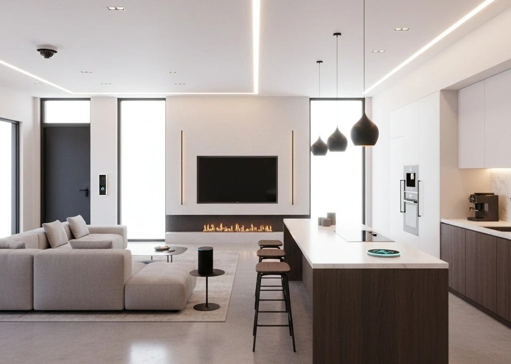 Modern futuristic home interior featuring Top Smart Home Gadgets including smart lighting, thermostat, speaker, and security devices