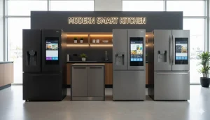 Lineup of leading best smart refrigerators brands like Samsung, LG, Bosch, and Whirlpool in a modern 2025 kitchen.