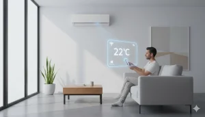 A person using a smartphone to control a Wi-Fi connected air conditioner in a modern living room.