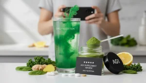 AG1 supplement review green powder in a glass