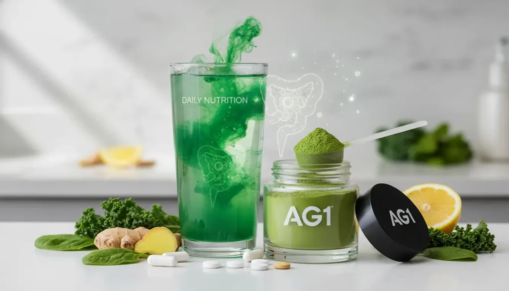 AG1 supplement green powder with water, vitamins and probiotics for daily nutrition