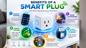 Infographic illustrating the benefits of a smart plug, featuring remote control, energy savings, home automation, voice assistant compatibility, and enhanced security connected to a central smart plug device.