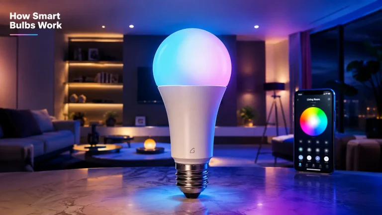 How Do Smart Bulbs Work illustrated by a color-changing smart bulb connected to a mobile app in a modern smart home