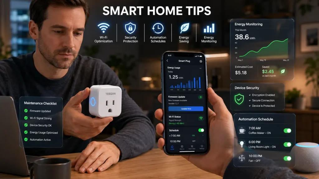 How Do Smart Plugs Work? Smart plug connected to a wall outlet with a user pressing the power button, demonstrating manual control and smart home device operation in a modern living space.