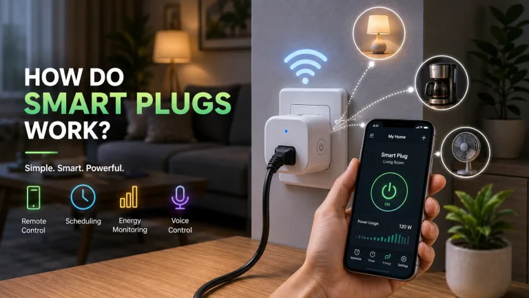 How Do Smart Plugs Work? Smart plug connected to a wall outlet in a modern living room, controlled through a smartphone app with connected lamp, coffee maker, and fan, demonstrating remote control, scheduling, energy monitoring, and voice control features.