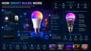 Infographic explaining how smart bulbs work through WiFi connectivity, cloud communication, smart technology, and home automation