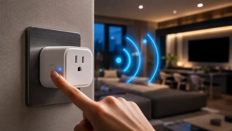 How to Reset Meross Smart Plug by pressing the reset button on a wireless smart outlet in a modern home