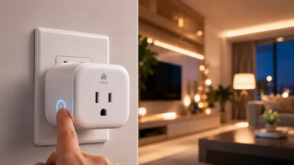 How to Reset TP Link Smart Plug by pressing the power button on a TP-Link Kasa smart plug connected to a wall outlet
