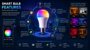 Infographic highlighting remote control, automation, voice commands, color customization, scheduling, and energy efficiency features