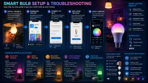 Setup and troubleshooting guide showing installation, WiFi connection, app pairing, and common connectivity issues