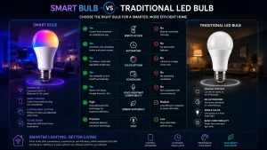 Smart vs traditional LED bulb comparison chart highlighting features, automation, and energy efficiency