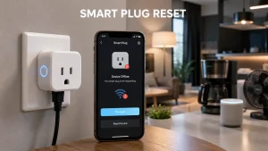 How Do Smart Plugs Work? Smart plug reset and troubleshooting screen showing a smart plug connected to a wall outlet, a smartphone displaying a device offline error, Wi-Fi connectivity issue, and reset options in a modern smart home environment.