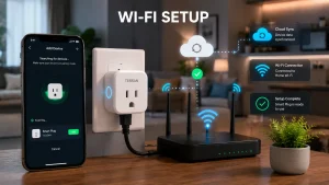 Smart plug Wi-Fi setup guide showing a smartphone app pairing a smart plug with a home Wi-Fi network and cloud services for remote control and automation.