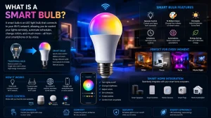 What Is a Smart Bulb infographic explaining smart bulb features, benefits, automation, voice control, and smart home integration