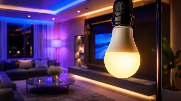 What Is a Smart Bulb illustrated by a smart LED bulb lighting a modern living room with customizable smart home lighting