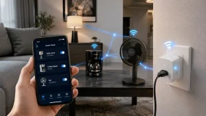 What Is a Smart Plug: Smart plug connected to a wall outlet in a modern living room, controlled through a smartphone smart home app with a connected lamp, coffee maker, and fan.