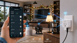 What Is a Smart Plug? Smart plug connected to a wall outlet in a modern living room, controlled through a smartphone smart home app with connected lamp, coffee maker, fan, holiday lights, and air purifier, showcasing remote control, voice control, scheduling, and energy monitoring features.