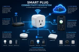 How Do Smart Plugs Work? Smart plug connectivity ecosystem diagram showing connections between a smart plug, Wi-Fi router, smartphone app, cloud server, Zigbee devices, Z-Wave devices, and Bluetooth devices for smart home automation and remote control.