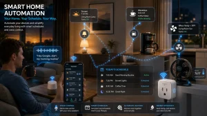 What Is a Smart Plug? Smart home automation scene showing a smart plug controlling a lamp, coffee maker, and fan through scheduled routines, voice commands, and a smartphone app for automated home management.