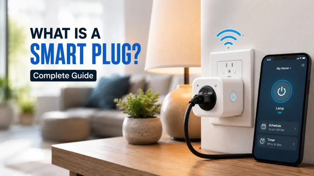what is a smart plug complete guide showing a smart plug, lamp, and smartphone control