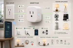 what is a smart plug showing a smart plug connected to a wall outlet, smartphone, and existing appliances