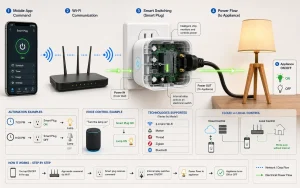 what is a smart plug showing smartphone commands, Wi-Fi communication, smart switching, power flow, and appliance control