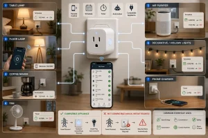 Connected to multiple household appliances including lamps, a coffee maker, fan, air purifier, decorative lights, and phone charger