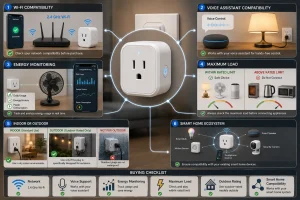 Buying guide showing Wi-Fi compatibility, voice assistant support, energy monitoring, maximum load, indoor and outdoor use, and smart home compatibility