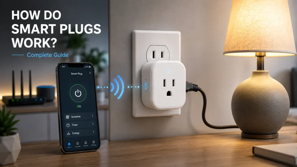 how do smart plugs work with smartphone control, Wi-Fi connection, and a connected lamp