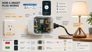 how do smart plugs work showing Wi-Fi communication, power input, internal relay, power switching, and connected lamp
